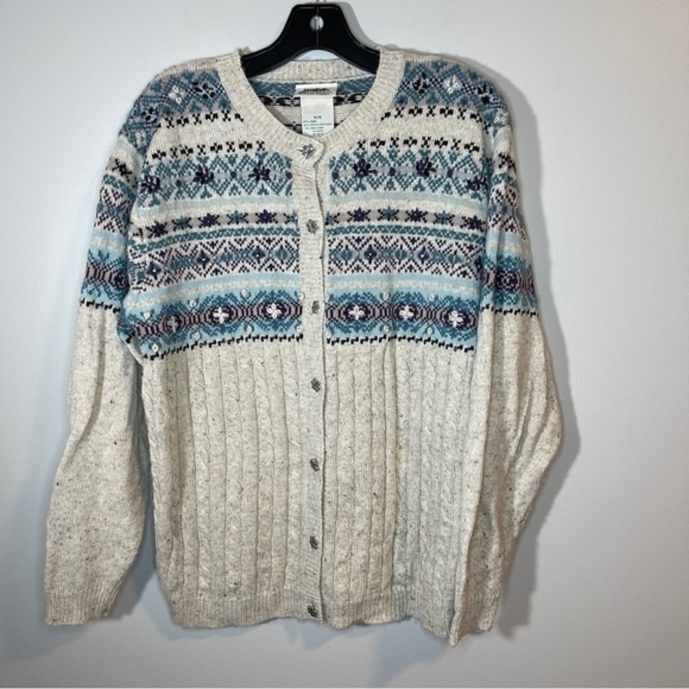 Northern Reflections Fair Isle Cable Knit Cardigan Sweater Oatmeal Wool Blend M